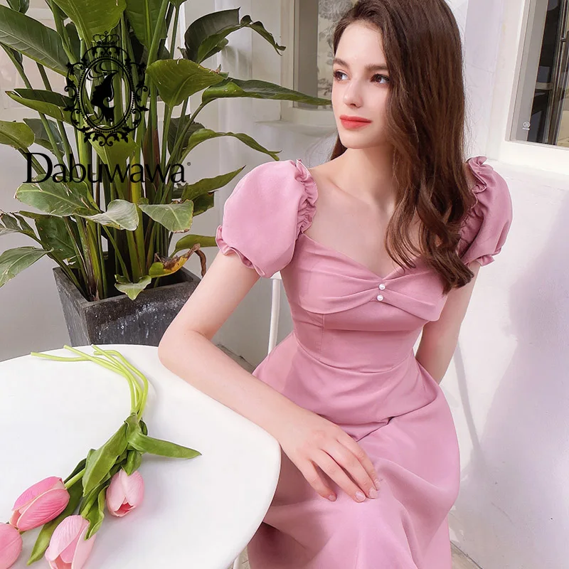 

Dabuwawa Elegant Square Neck Buttons Puff Sleeves Women A-Line Dress Elegant Solid Party Maxi Vestido Female Dresses DF1BDR088
