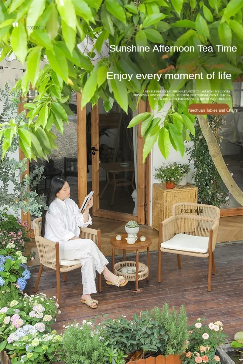 Courtyard Garden Furniture Sets New Chinese Rope Weaving Table and Chairs Three-piece Set Outdoor Balcony Table and Chairs Set B