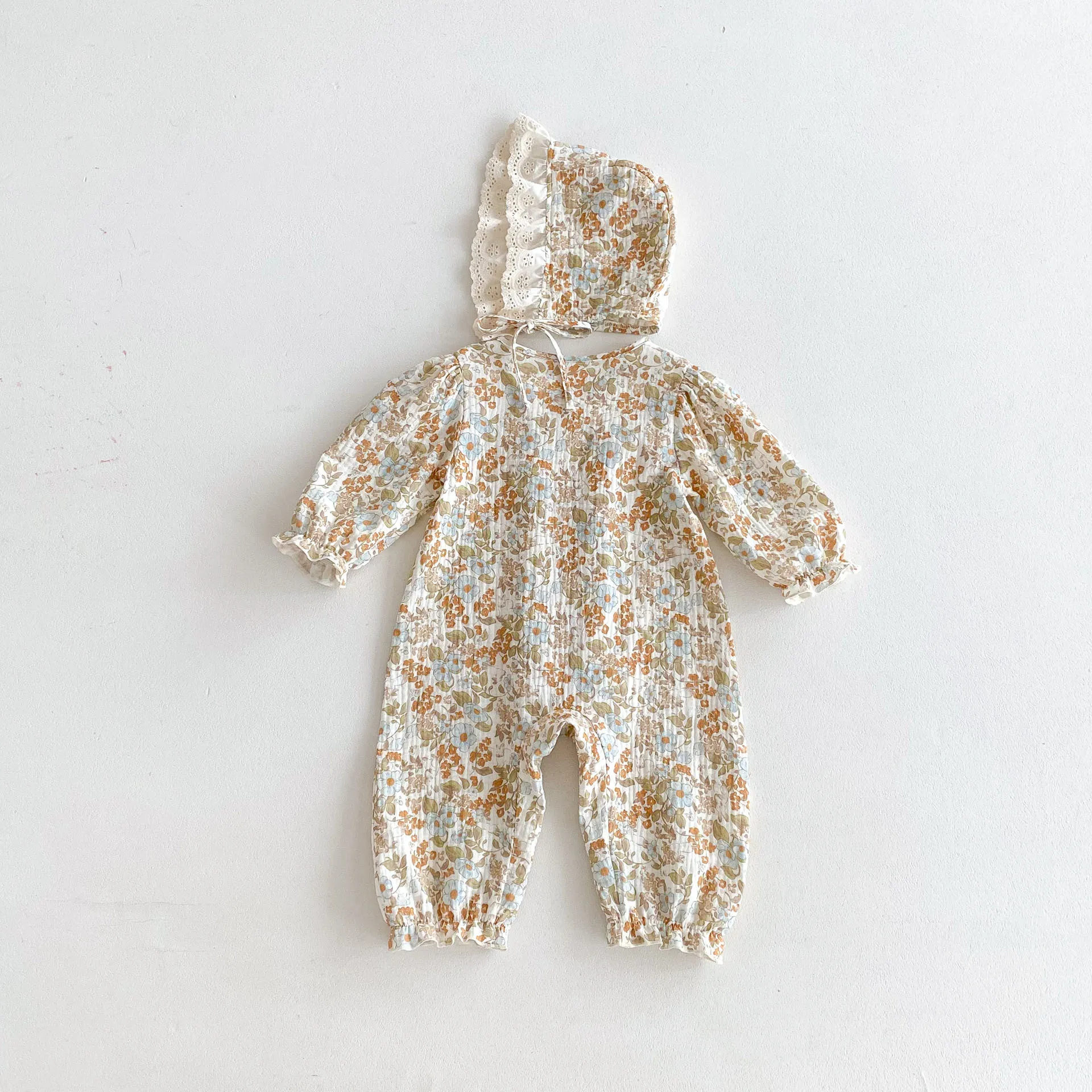 Floral Print Baby Mädchen Strampler Rundhals Casual Neugeborene Mädchen Overall Retro Herbst Mode Spitze Spleißen Toddle Kleidung – Detail 8
