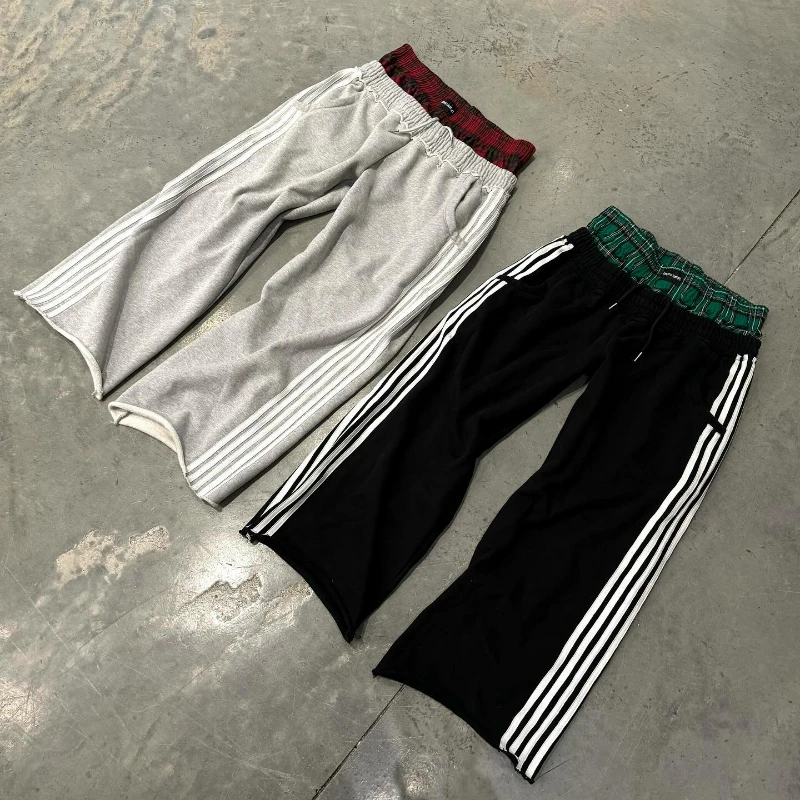 Y2K Casual Sweatpants Double Waist Checkered Camouflage Striped Side Splicing Wide Leg Pants American Style Trendy Streetwear wide leg pants fashion pants fashionable wide leg pants