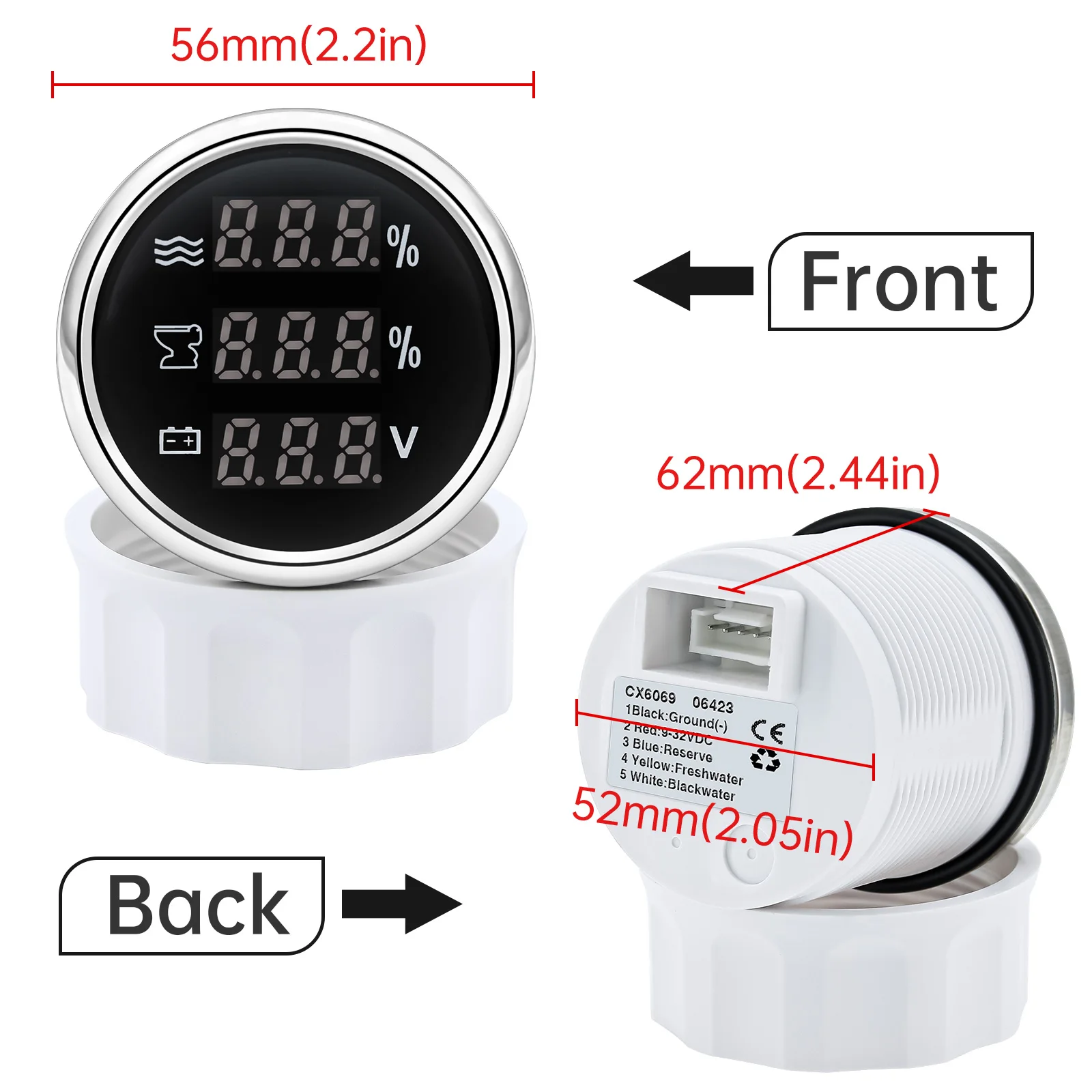 디지털 52mm 수위 게이지/폐위 게이지/전압 3 IN 1 게이지 하수 측정기 센서 수위 센서 12V24V 맞춤형