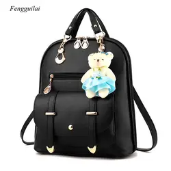 Preppy Style Women Backpack Bear Toys Pu Leather Schoolbags for Teenage Girls Female Rucksack Shoulder Bag Travel Knapsack
