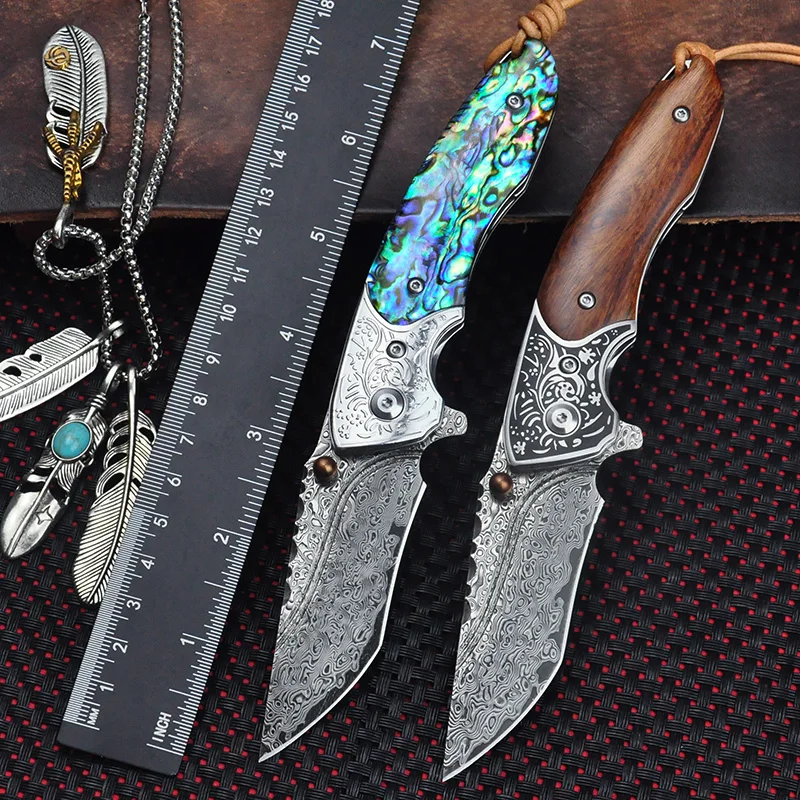 

VG 10 Damascus Steel Folding Knife Tactical Hunting Pocket Knife Ball Bearing Wooden Handle/Caibei Self Defense Camp EDC Tool
