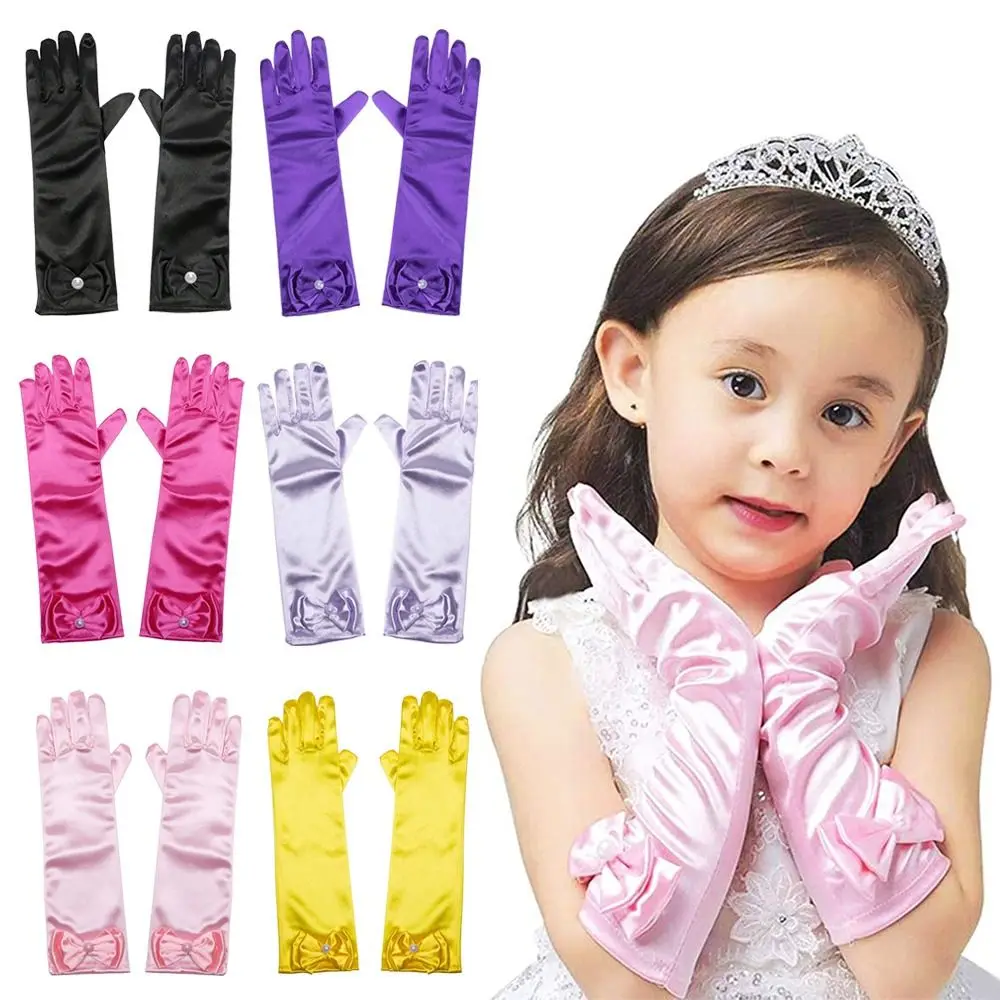 1Pair Children Long Gloves Princess Dance Performance Stage Gloves Satin Sequins Bow Glove Solid Full Finger Mittens Accessories stretch rhinestones mesh long gloves flash diamond see through mesh full finger gloves dancer singer nightclub stage accessories