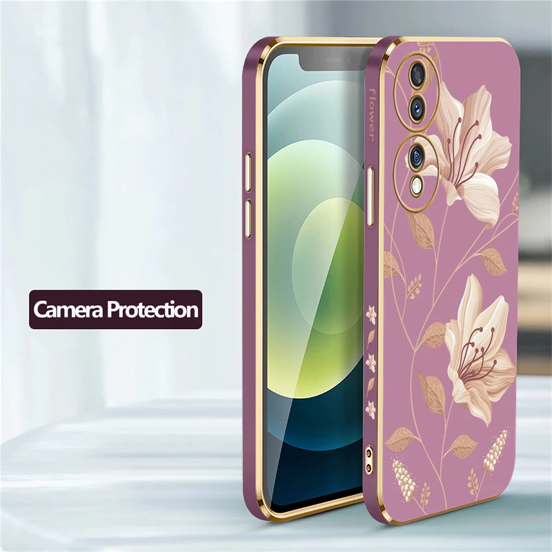 Elegant Floral Shockproof Silicone Phone Cover with Plated Edges