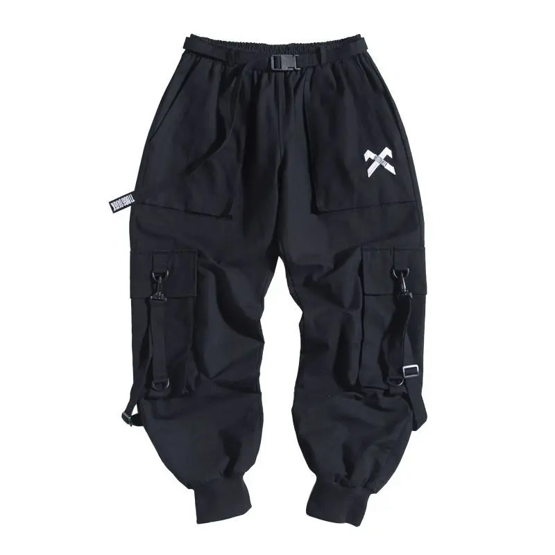 Techwear Ribbons Hip Hop Tactical Cargo Pants Men's Casual Letter Embroidery Streetwear Dance Sport Pencil Pants Male Trousers black cargos Cargo Pants