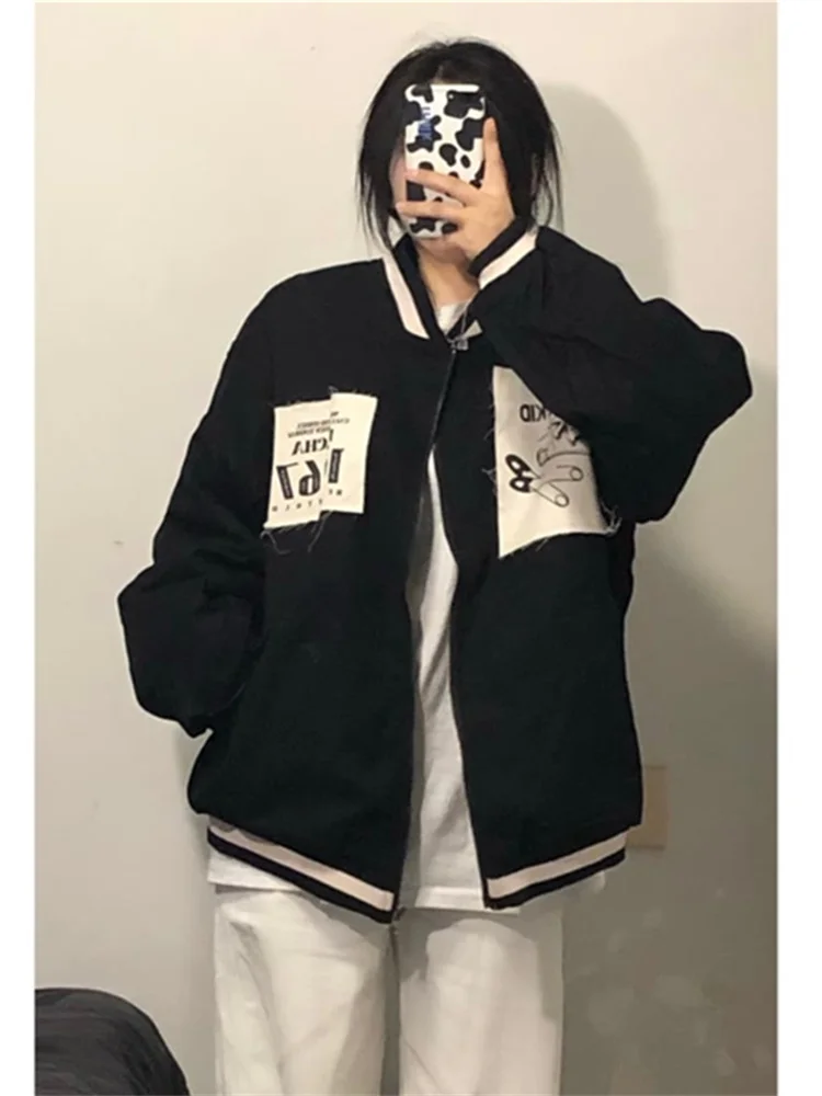 

QWEEK Harajuku Retro Graphic Black Baseball Jackets Women Oversize Grunge Hip Hop Patchwork Loose Zip Up Jacket And Coat Korean