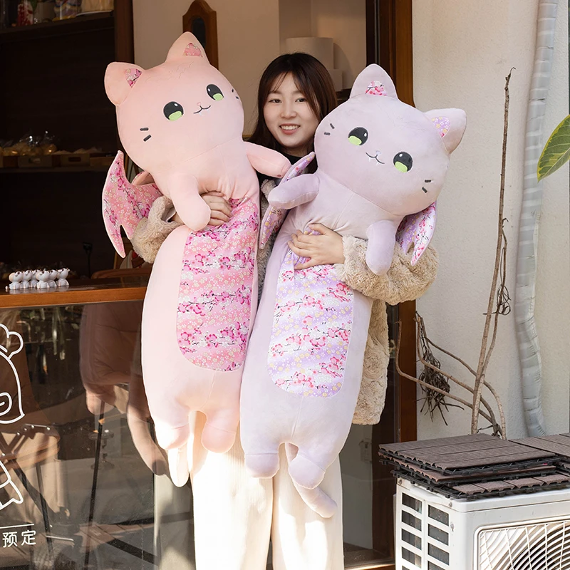 60cm Cat Shaped Hug Pillows Cherry Blossom Cat Plush Toys Bat Wing Kitten Sleeping Pillows Girl Birthday Gift 3