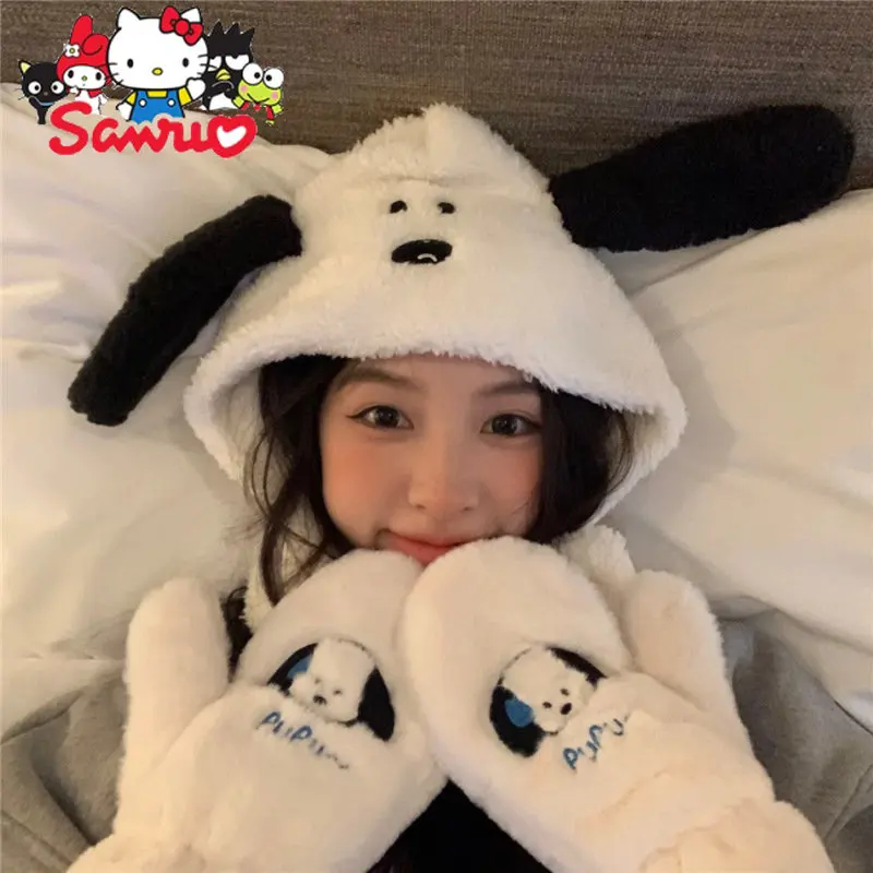 Sanrio Hello Kitty Pochacco Ear Protection Hat Winter Student Versatile Warm Plush Headgear Protection Riding Hat Gift for Girls korea girls bukcet hat princess summer baby sun hat big brim bucket hat girls sun protection caps beach cap