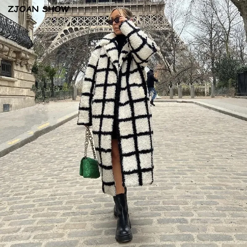 

Winter Notched Collar Plaid Hairy Shaggy Faux Fur Long Teddy Coat Woman Shearling Fluffy X-Long Jackets Keep Warm Outerwear