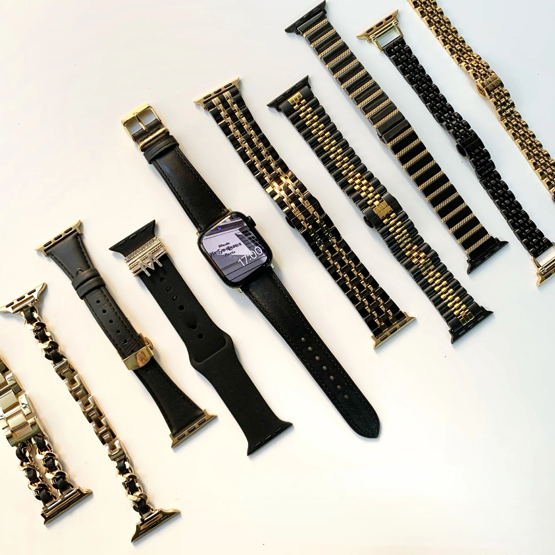 

Black Gold Color Bracelet For Apple Watch Ultra 49mm Band 41 45mm 40 38 42 44mm Leather Metal Strap For iWatch 8 7 6 3 4 5 se 2