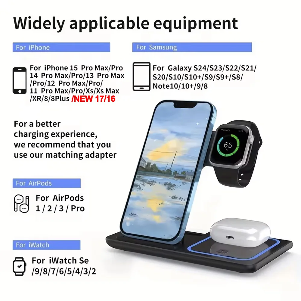 3 in 1 Foldable Charging Station LED Fast Wireless Charger Stand For iPhone 17 16 15 14 13 12 11 Apple Watch 9 8 7 6 5 Airpods