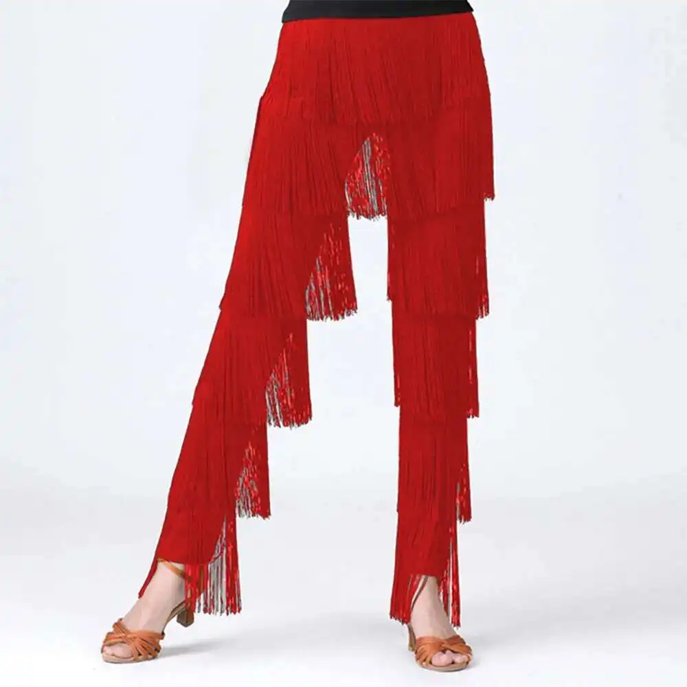 Dance Pants Womens Dancewear Elastic Waistband Tassel Latin Dance Tango Cha-Cha Performance Costume Tiered Fringed Trousers