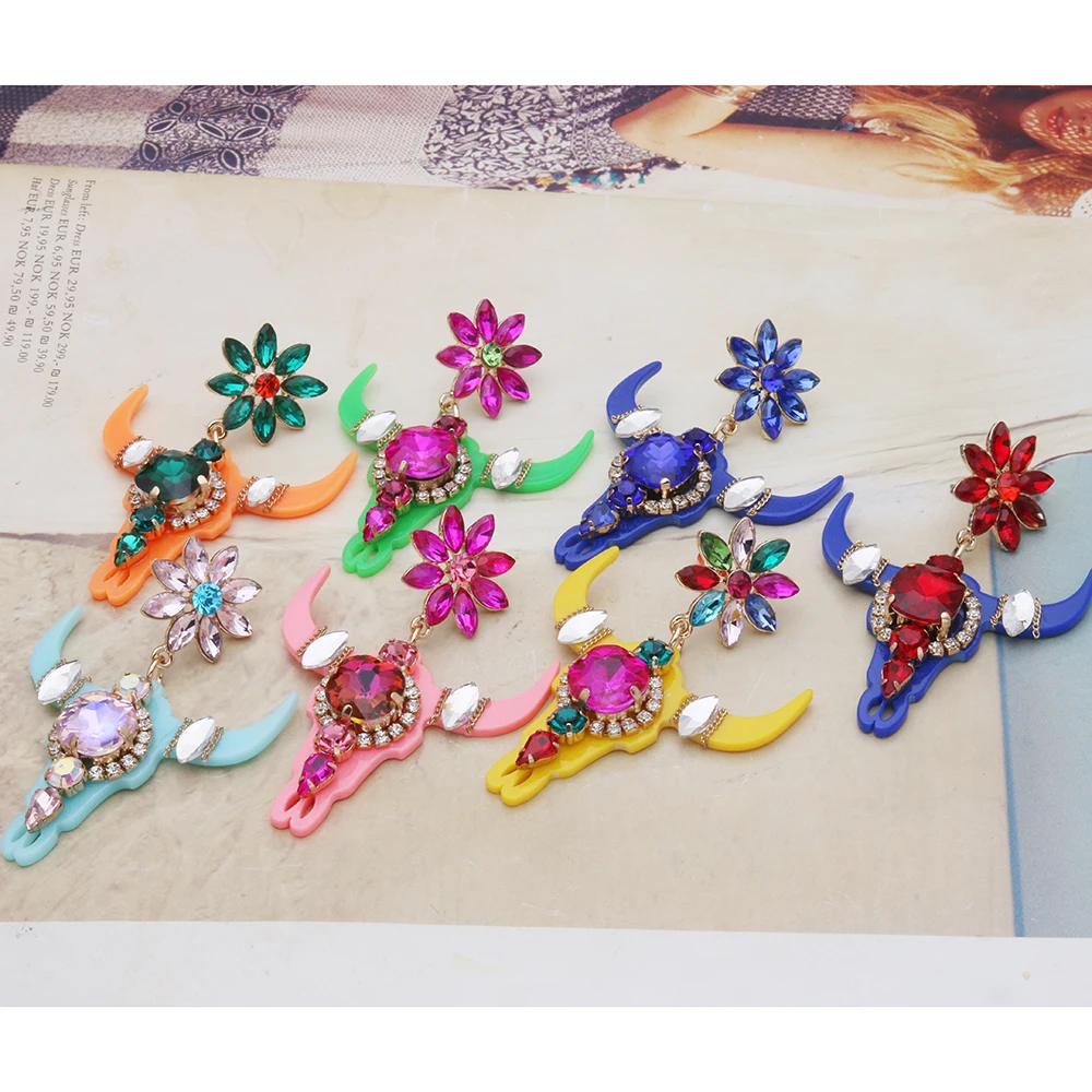 NeeFuWoFu Bull Horn Earrings Resin Earring Big Earring For Woman Crystal Large Long Brinco Ear Oorbellen Gift