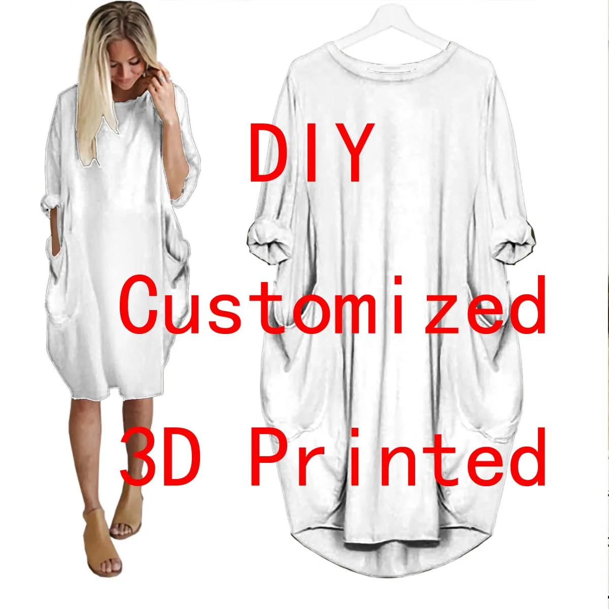 

VIP Link Tops DIY 3D Printed Batwing Pocket Dress Women's Pullover Oversized Female Dresses