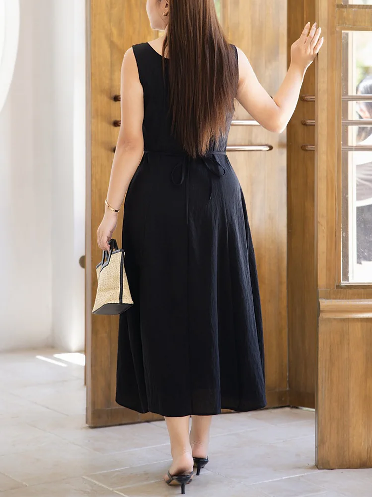 Casual Old Sequined Style U-neck Dress Plus Size Women Premium Wide Shoulder Strap three-dimentional Cut Vacation Linen Dress