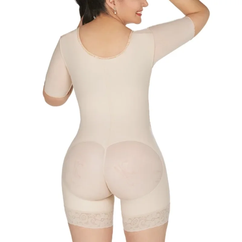 Beige Middle Sleeve Zip Adjustable Shapewear Shaper Breathable Fabric Front Closure Bodysuit Women Lace