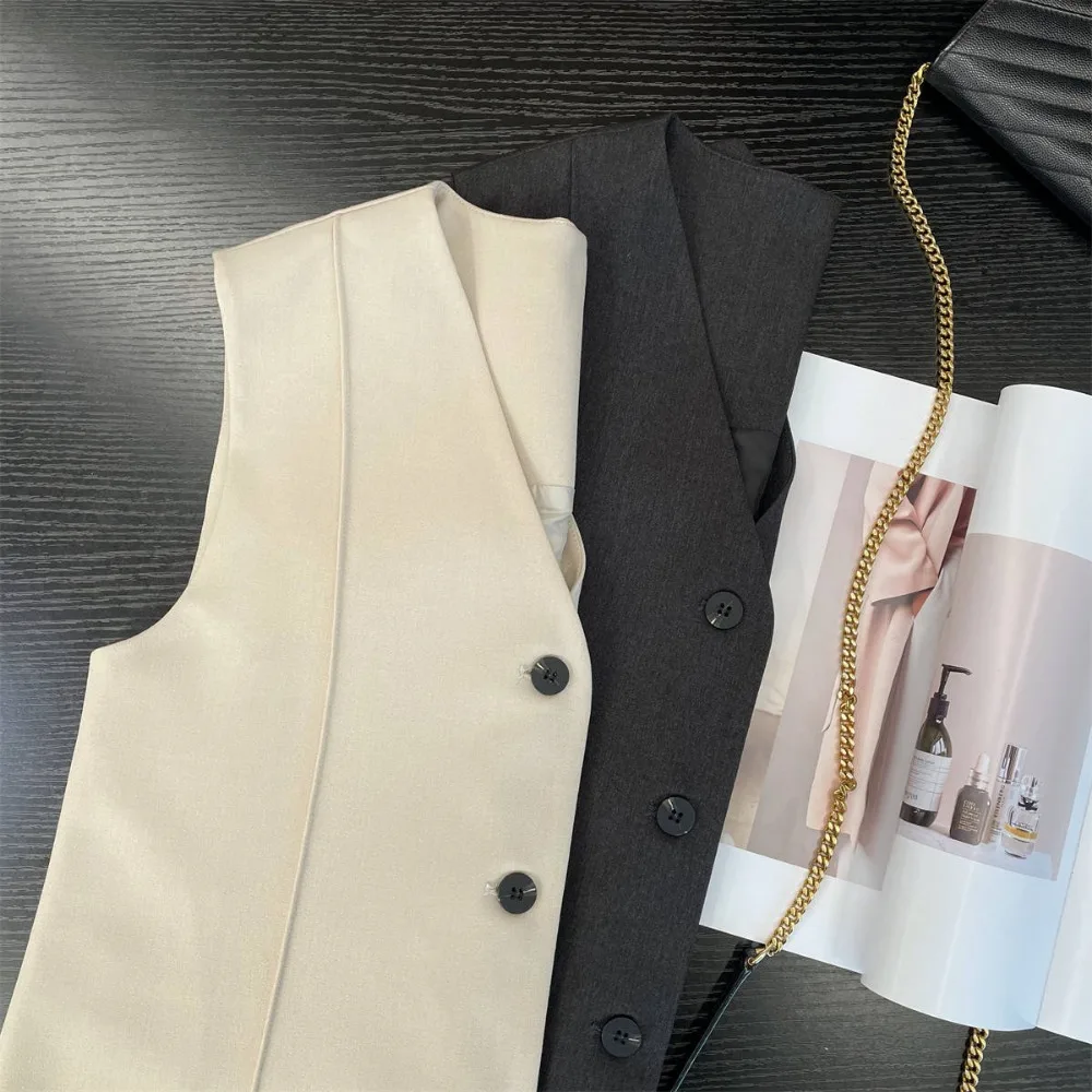 세련된 내추럴 스트리트웨어, 모든 여성 패션, 빈티지 V넥, 민소매 여성 아우터, 시크 탑, 하이 스트리트