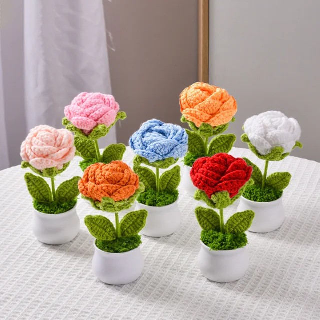 Flower Potted Crochet Rose Plant 1