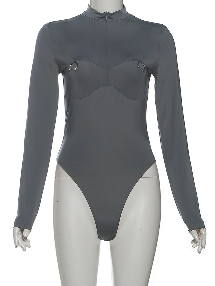 Nibber Zipper Bodysuits Women Metal Ring Decoration Half Turtleneck Full Sleeve Skinny Elasticity Simple Classic Sexy Streetwear