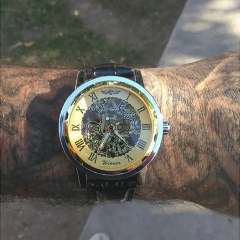 Mechanical Watch Men Stainless Steel Skeleton Luxury Fashion With Black Leather Strap 1pc For Business