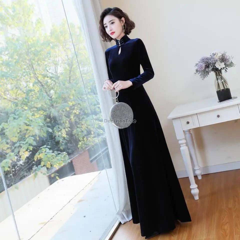 

2023 Китайский Улучшенный стиль cheongsam платье для похудения Модный воротник стойка с длинным рукавом улучшенное вечерние элегантное платье Ципао s850