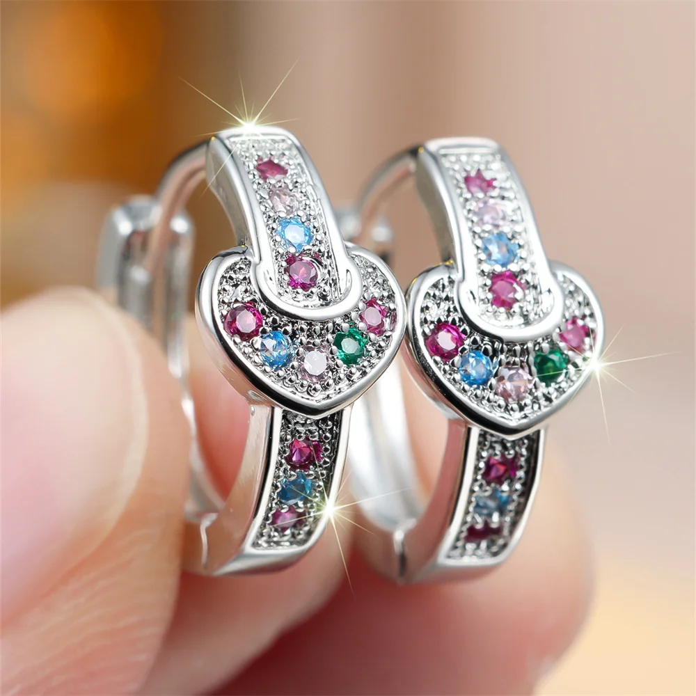 Multicolor Zircon Round Stone Love Heart Hoop Earrings For Women Vintage Gold Silver Color Ear Buckle Wedding Party Jewelry Gift