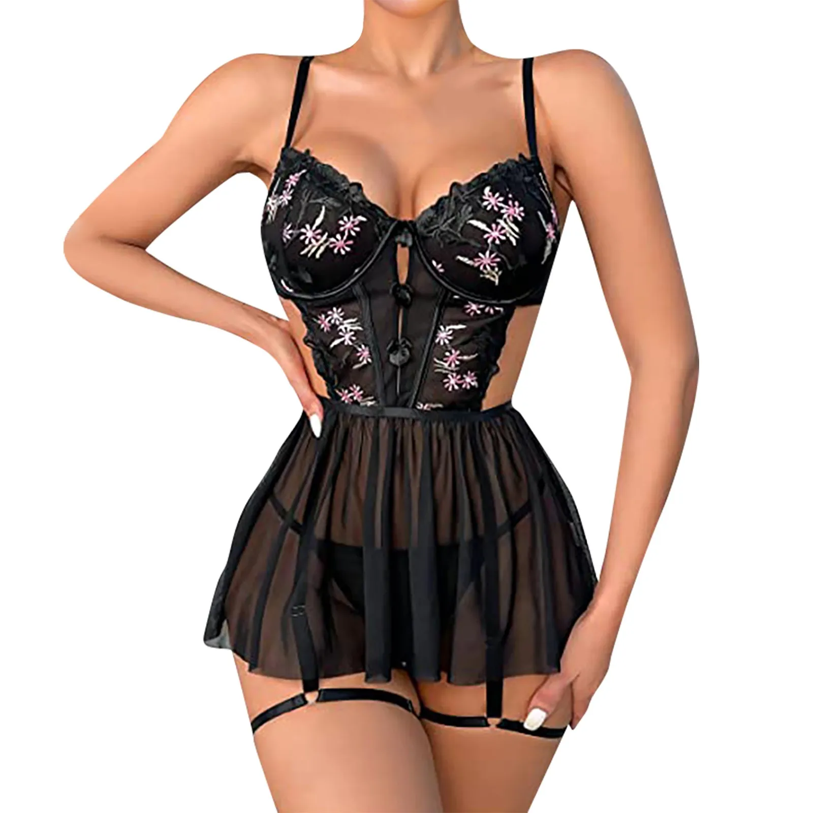 

Fun Lingerie Sexy Women's Mesh Embroidery Hollow Out Mesh Sling Sleeping Dress Set сексуальное белье ropa interior sexi mujer