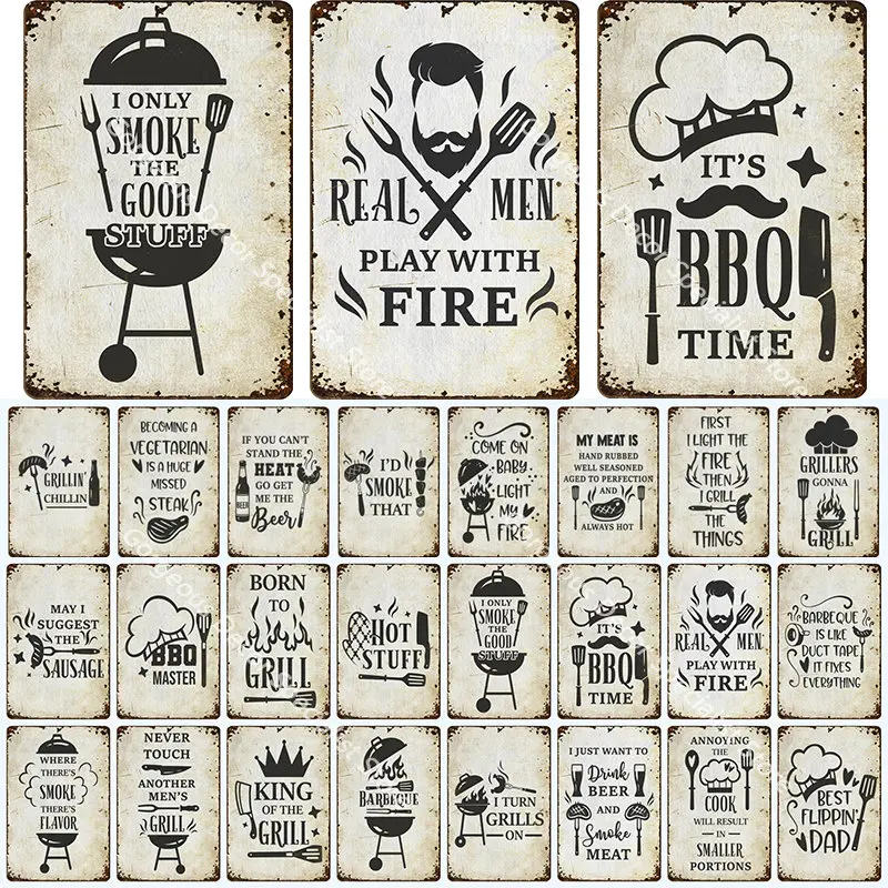 

Metal Tin Sign Vintage BBQ Yard Outdoor Party Decoration Plate Retro Barbecue Rules Slogan BBQ Zone Metal Signs Decor