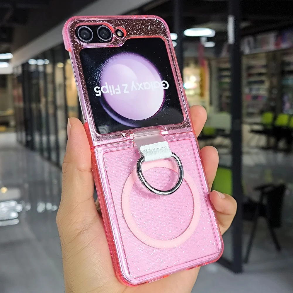 Glitter Transparent Magnetic Ring Phone Case with Wireless Charging & Shockproof Protection