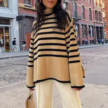 

Long Sleeve Loose Fit Casual Pullover Sweater Women Turtleneck Striped Patchwork Oversized Sweater Lady Clothing
