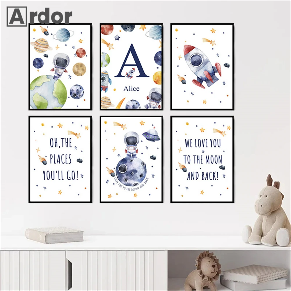 

Cartoon Rocket Planet Astronaut Wall Art Canvas Painting Custom Name Poster Nursery Print Nordic Wall Pictures Kids Room Decor