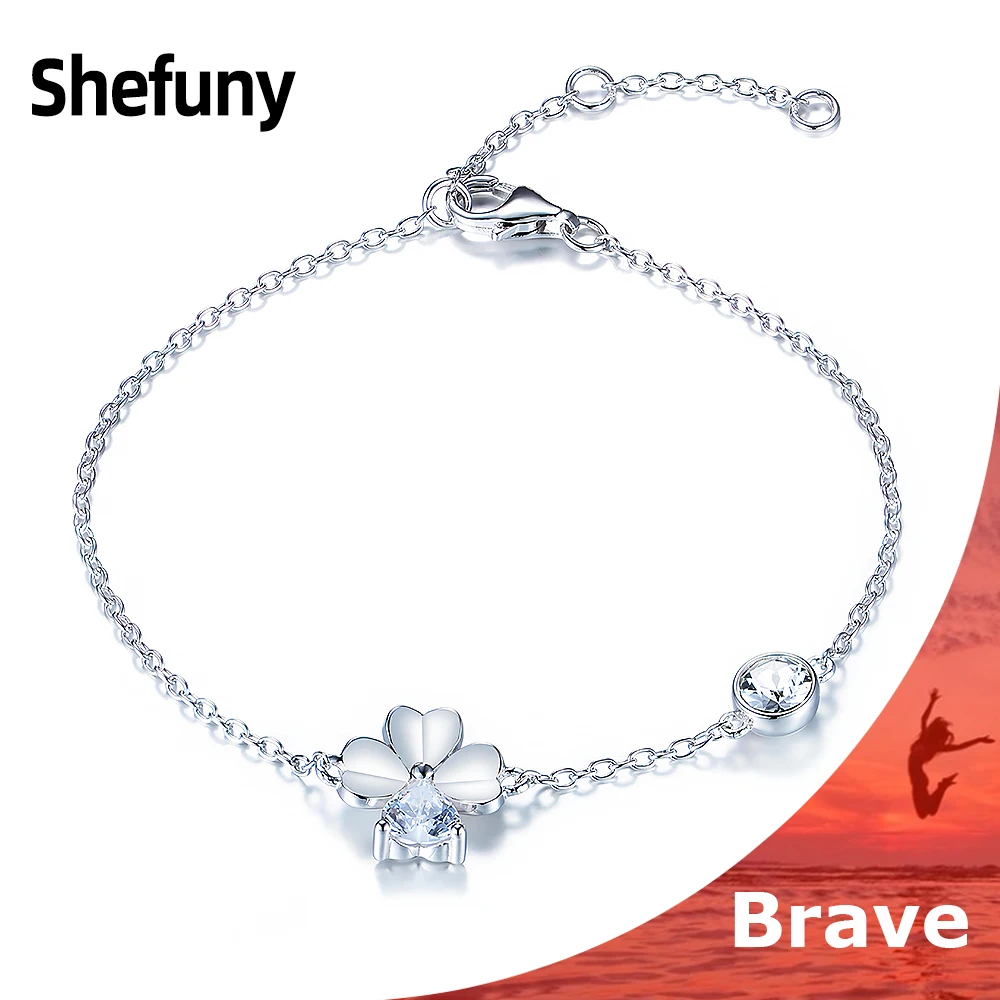 

925 Sterling Silver Lucky Flower Chain Bracelet White Cubic Zirconia Plant Bangle For Women Fine Jewelry Anniversary Wholesale