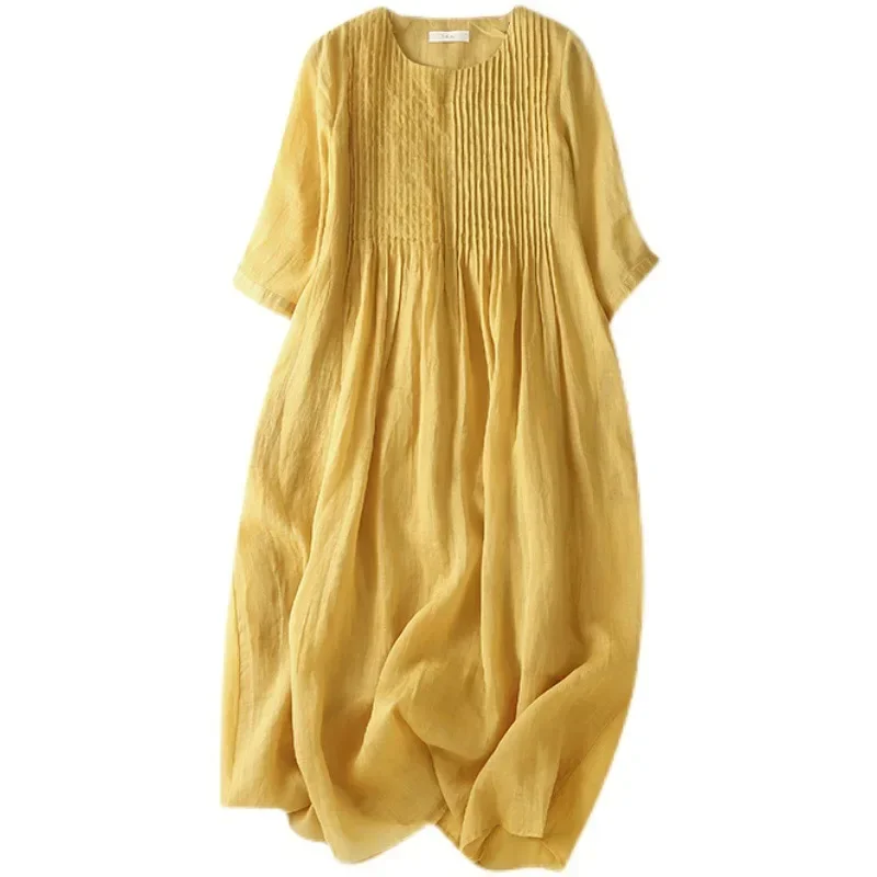 

2023 Summer New Literary Retro Pleated Large Size Loose Long Dress