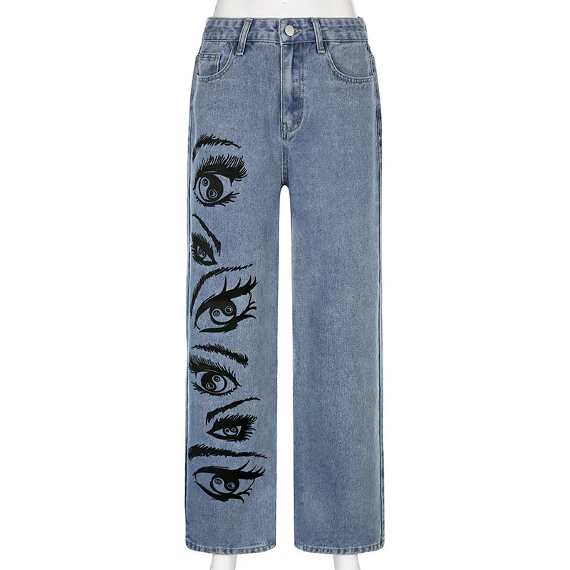 Straight Jeans Women Printed Vintage Basic Blue Denim Pants Fashion Loose Boyfriend Jeans Streetwear High Waist Baggy Trousers boyfriend jeans