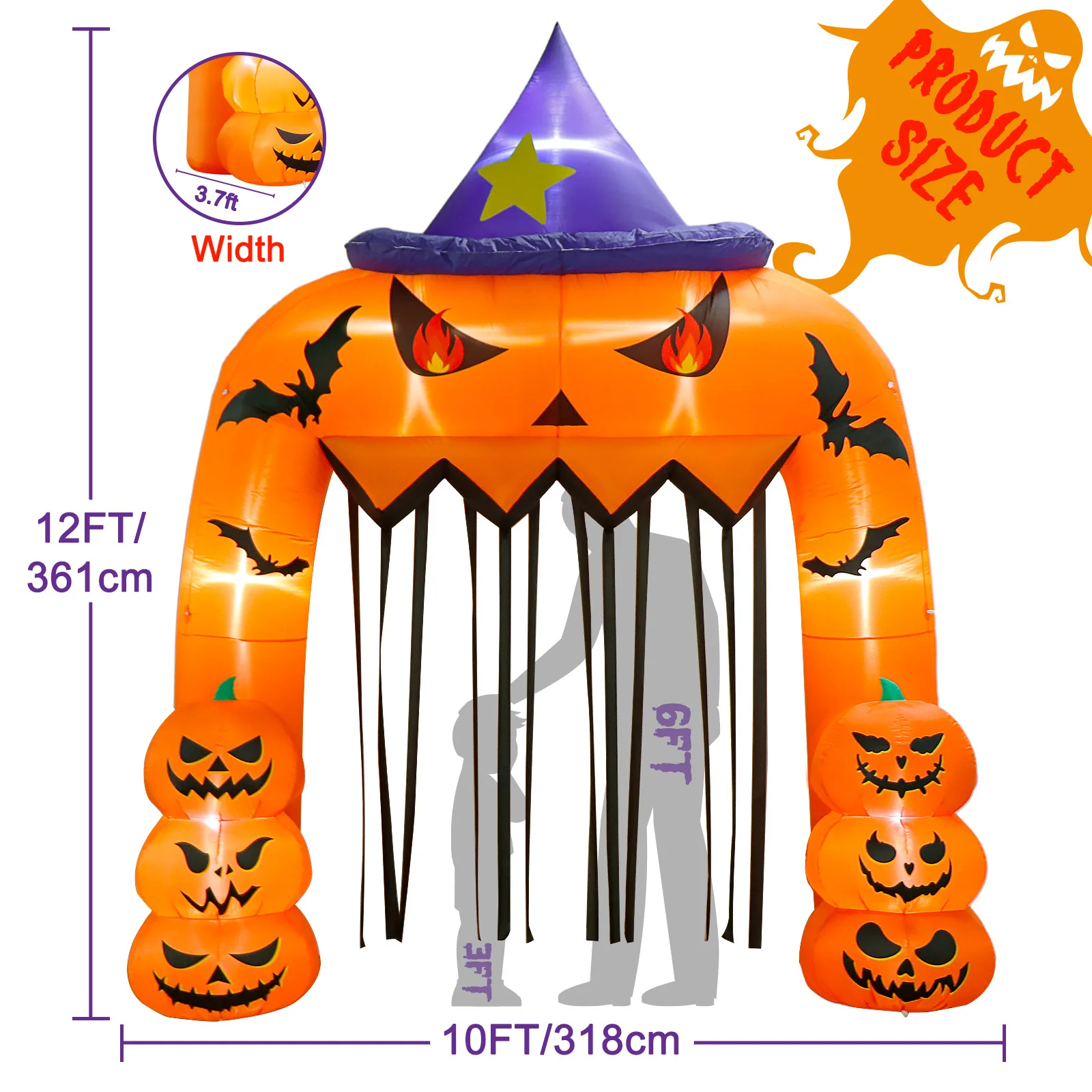10FT Pumpkin Archway Outdoor Decoration with Giant Witch Hat and Red Eyes Holiday, Party, Outdoor, Garden Halloween Inflatable 2
