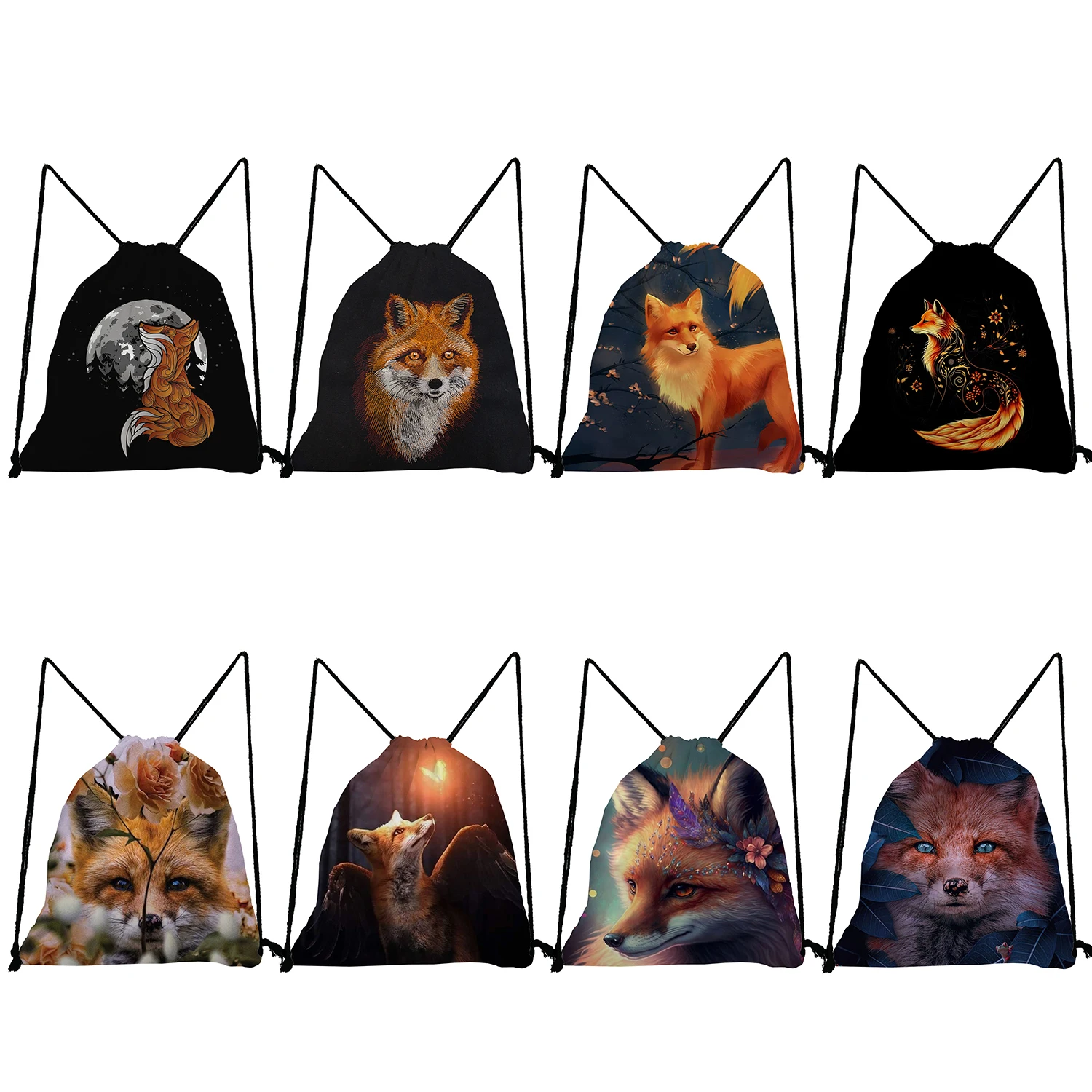 

Cartoon Fox Animation Printed Drawstring Pocket Travel Unisex Backpack for Women Portable Shoe Bag to School Storage Book Bags