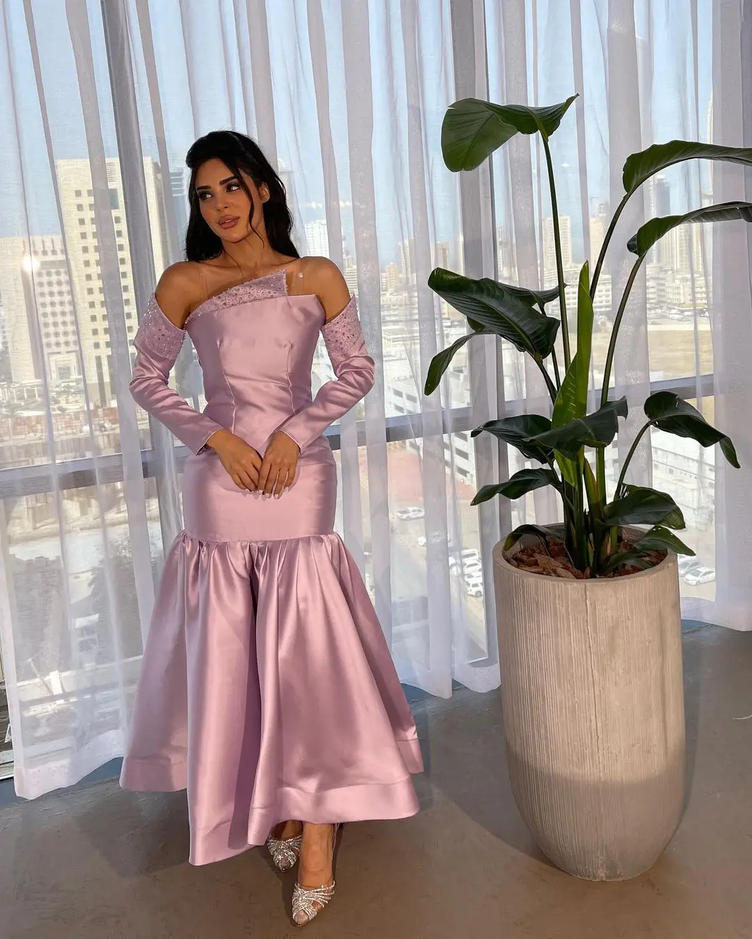 

Arabia Women Prom Dresses Mermaid Long Sleeves Sequins Beads Off Shoulder Elegant Formal Occasion Evening Dresses Party Gown