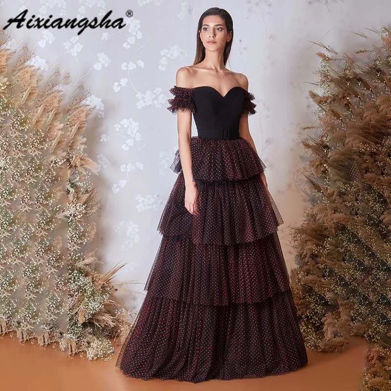 

Aixiangsha Off-shoulders A-line Prom Dress Pleat And 2023 Ruffled Fitted Bodice With A-line Evening Dress Tiered Ruffled Skirt
