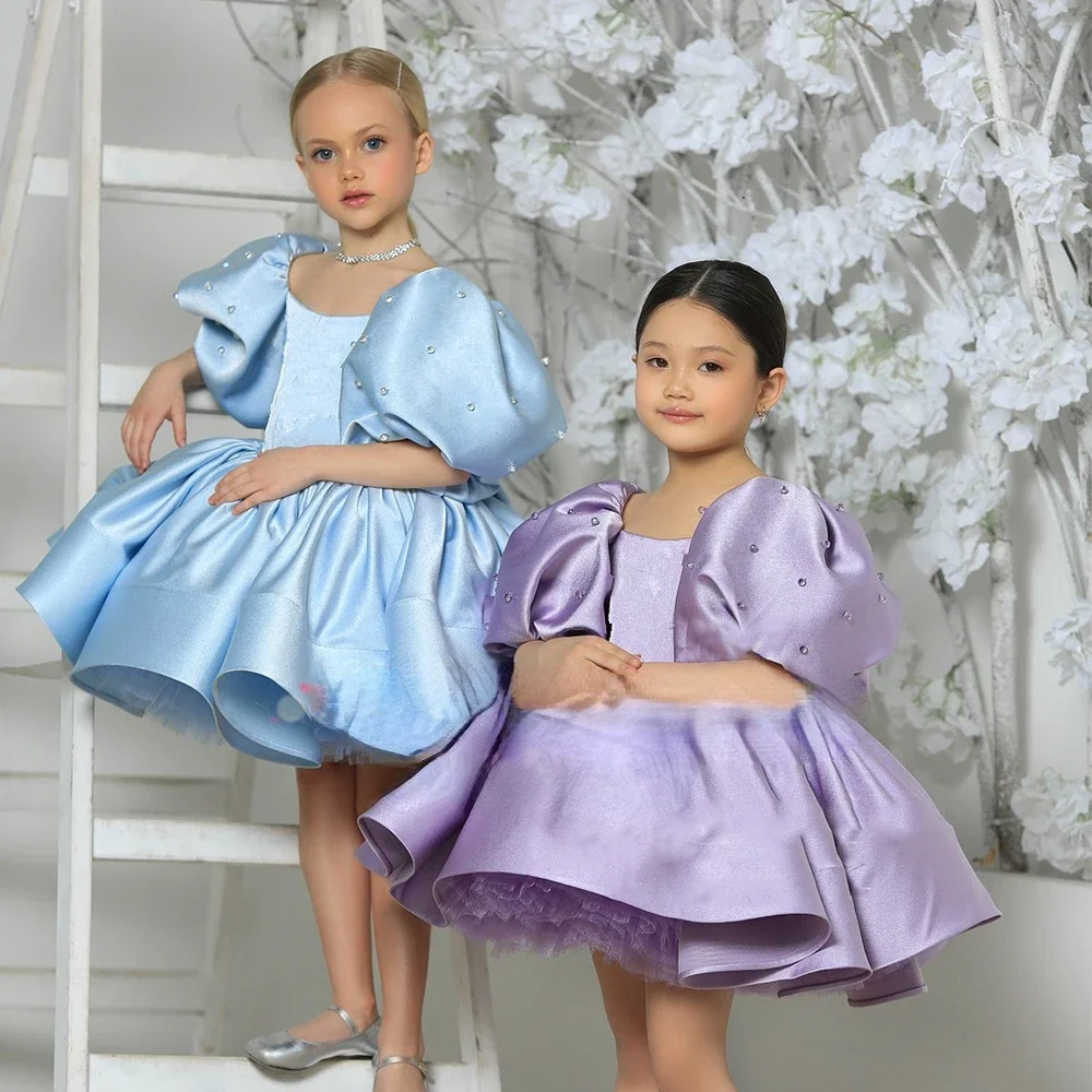 

Роскошные платья для девочек с пышными рукавами и цветами, Розовое Бальное Платье, Платье для дня рождения для девочек, Многоярусное пышное блестящее детское платье для торжества