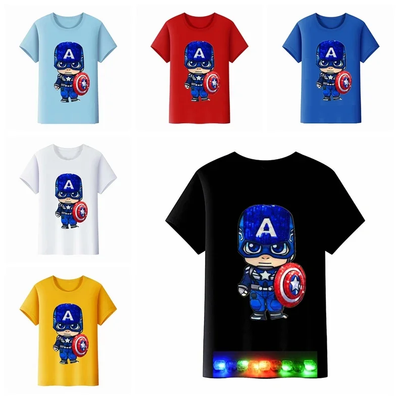 Children Tshirts Tops Captain America Disney Tshirt LED Light Summer Short Sleeve For Kids Girls Boy