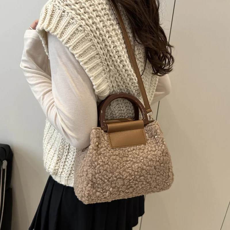 Niche Design Lamb Fur Handbag Women's Shoulder Crossbody Small Bag Winter Large Capacity Lamb Woolen Purse and Handbag