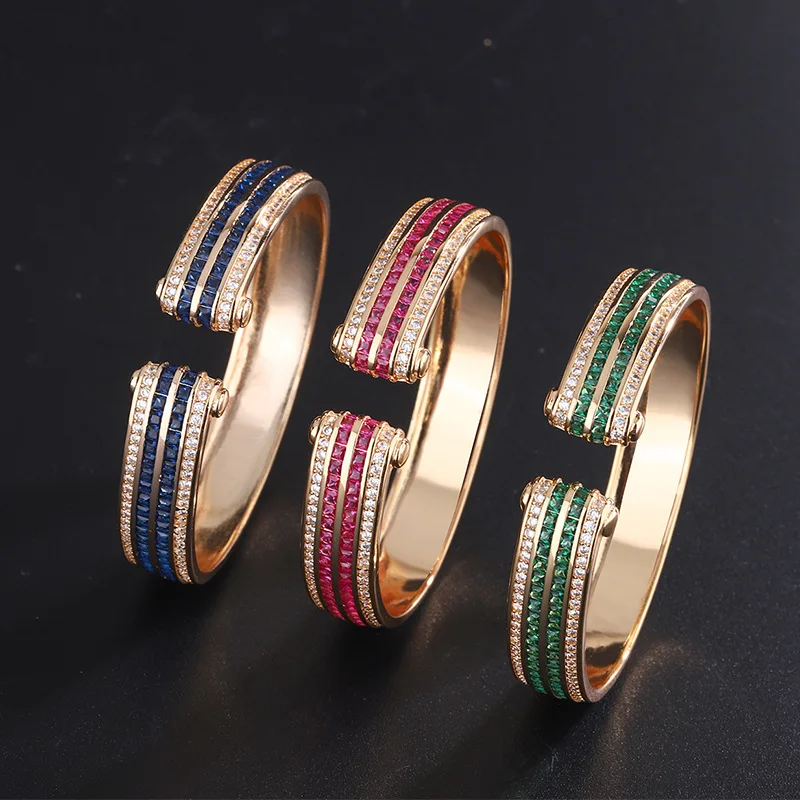 

2023 New In Retro Adjustable Opening Bracelet Women Blue Luxury Green Cubic Zirconia Fashion Vintage 18K Gold Color Jewelry Gift