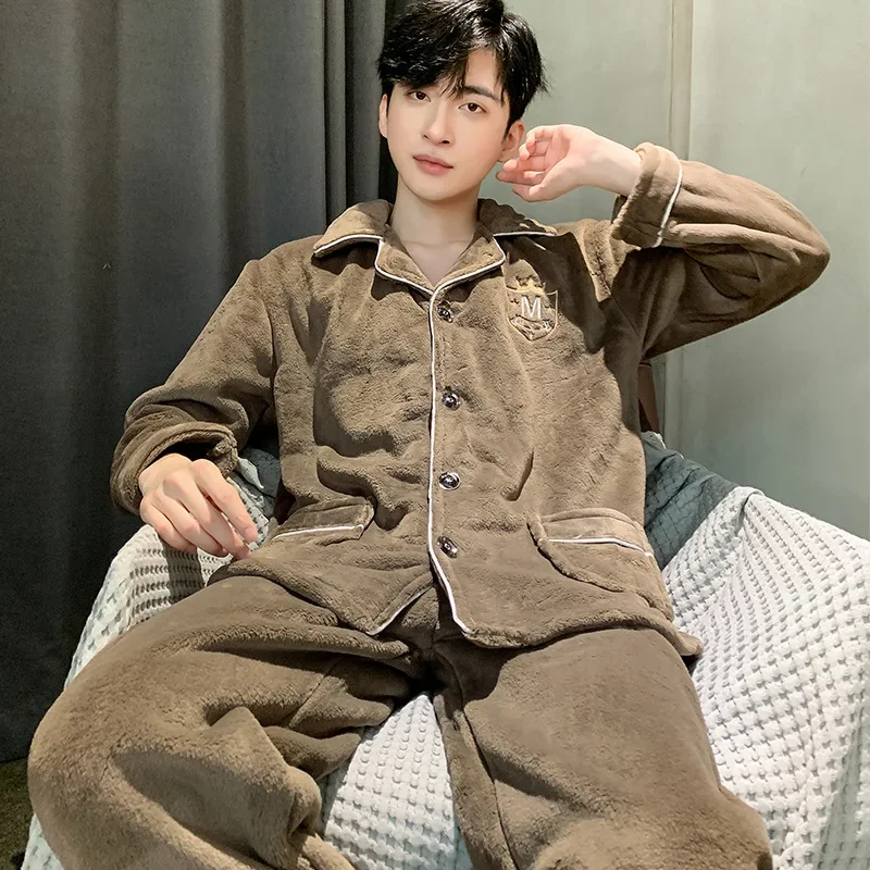 Casual Home Youth Winter Long Sleeve Warm Fleece-lined Thickened Flannel Pajamas For Men Warm Comfortable Sleepwear