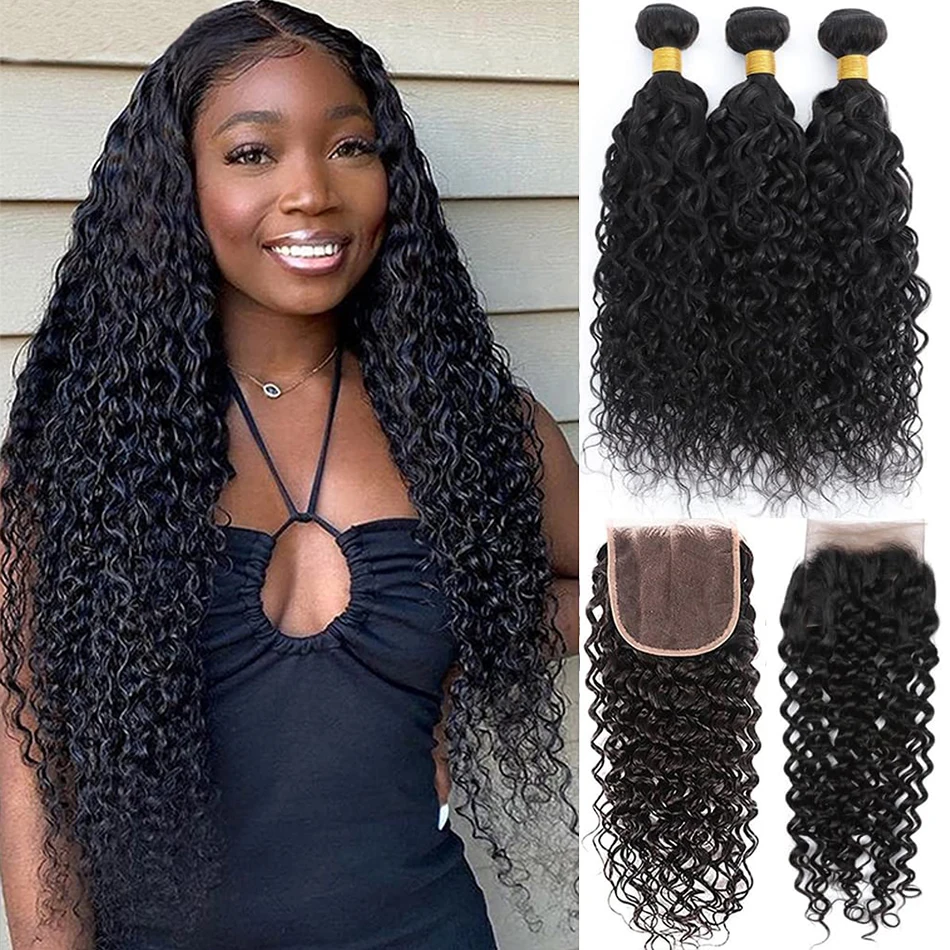 

10A 100% Brazilian Wavy Human Hair Bundles with Closure Water Wave Bundles with 4X4 Closure Ombre Curly 3 Bundles with Closure