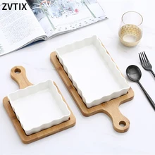 

Wooden Tray With Nordic Handle Long/square Plate White Ceramic Restaurant Kitchen Or Western For Cooking Rice Serving Home Decor