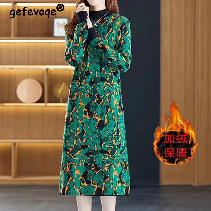 

Vintage Print Patchwork Plush Thick Casual Dresses for Women 2023 Autumn Winter Fashion Round Neck Long Sleeve Loose Midi Dress