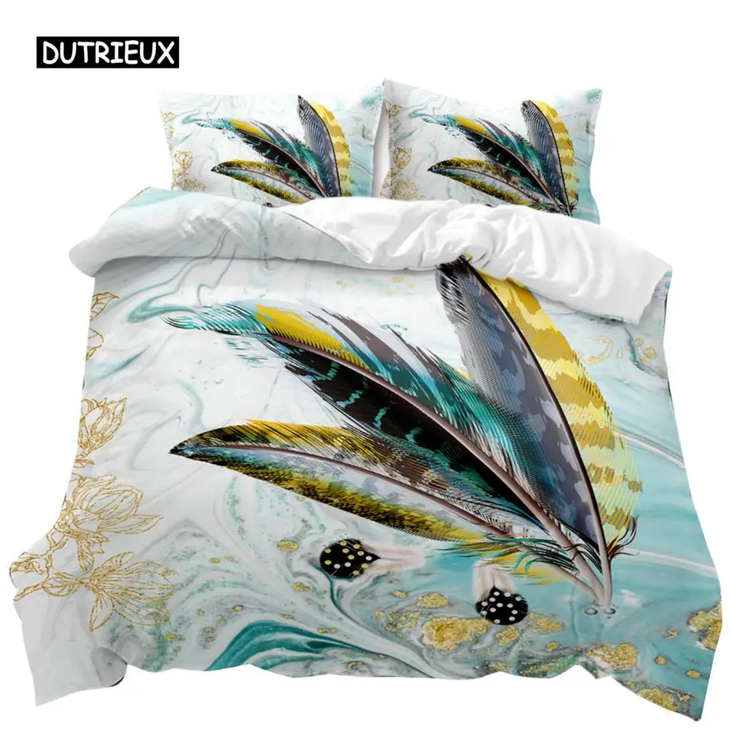 

Feather Duvet Cover Set Green Dreamy Watercolor Elements Plumage Romantic Design Double Queen King Size Polyester Qulit Cover