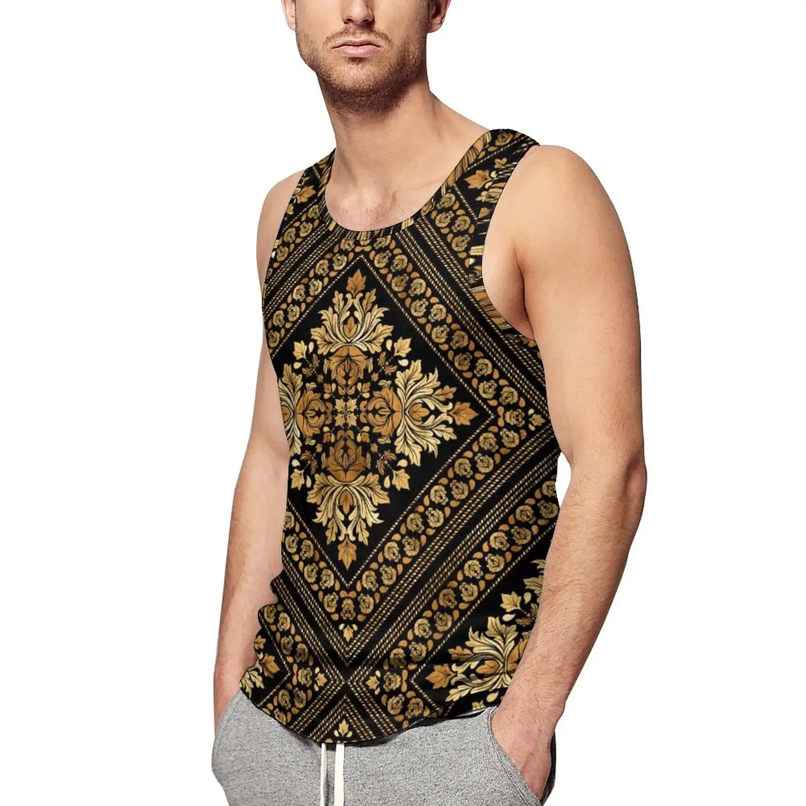GoldBaroqueTankTopMensOrientalVintageDamaskTrendyTopsSummerWorkoutGraphicSleeveless