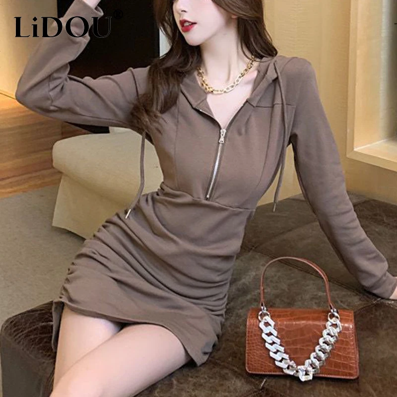

Spring Autumn Hooded Solid Color Folds Bodycon Mini Dress Ladies Long Sleeve Casual Fashion Slim Vestidos Women's Elegant Robe